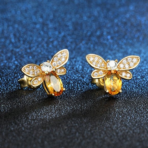 NEW 18K Gold Citrine Diamond Bee Stud Earrings